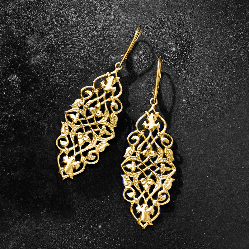 Gold over sterling filigree drop earrings, ornate lattice teardrop shape