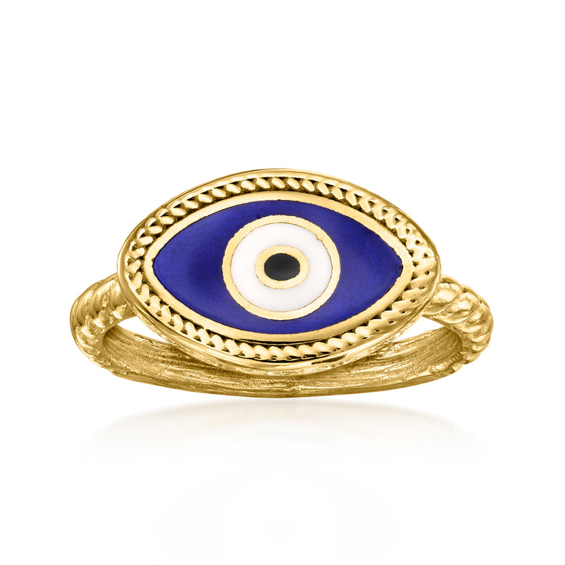 Gold evil eye enamel ring with blue oval and white eye, textured band