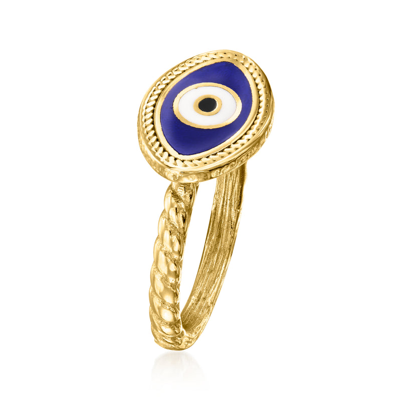 Gold evil eye enamel ring, blue and white eye detail on slim twisted band