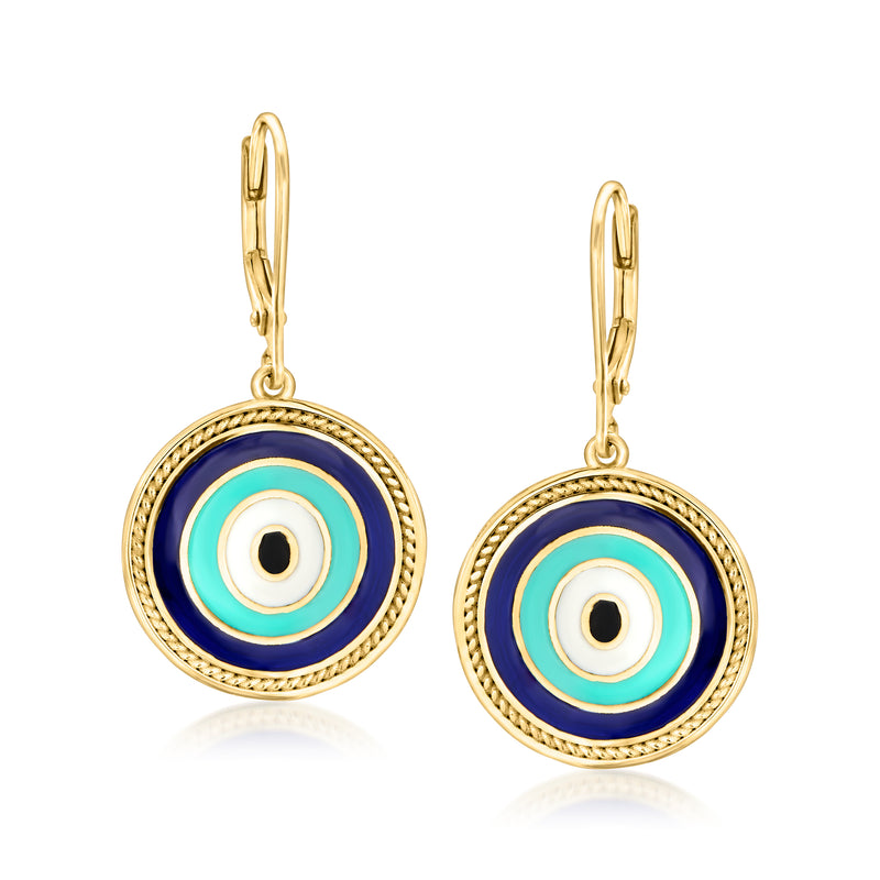 Gold-tone evil eye drop earrings with multicolor enamel round charms, leverback hooks
