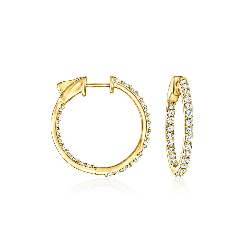 14kt yellow gold hoop earrings with diamond tennis-style stones inside and out