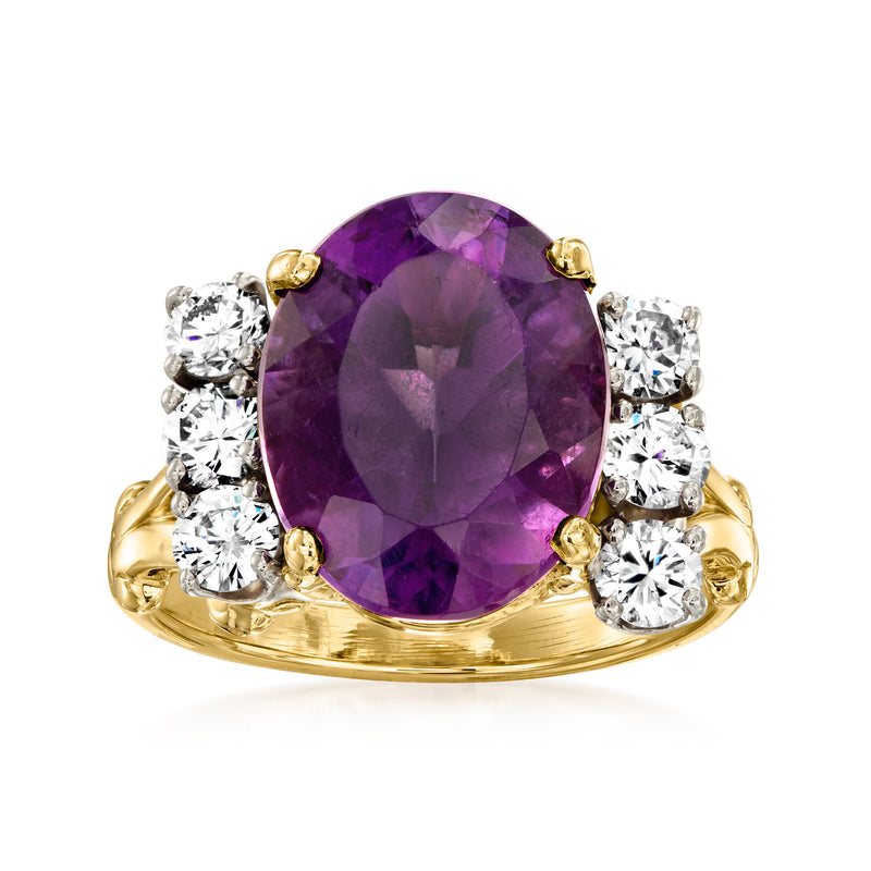 Amethyst and diamond ring in 14kt yellow gold, oval amethyst with round diamond side stones