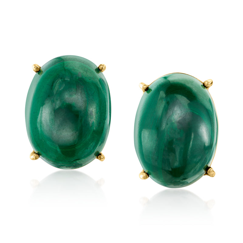 Oval green malachite clip-on earrings in 18kt yellow gold with studded bezels