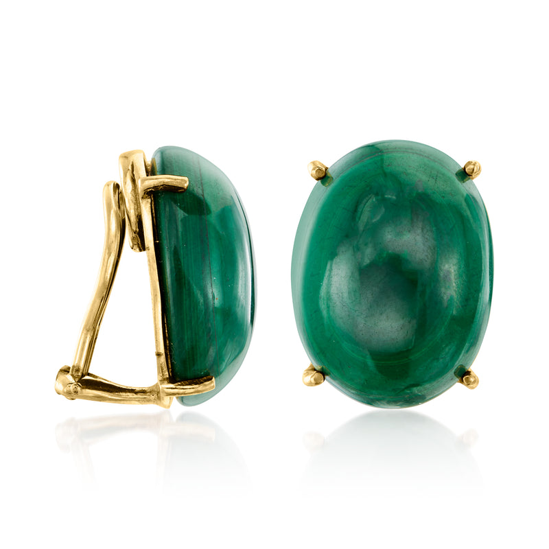 Oval green malachite clip-on earrings, side view with gold clip back and studded bezel