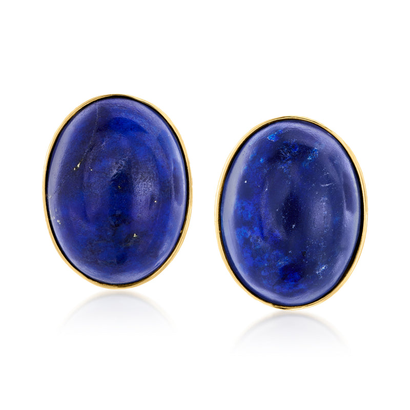 Oval lapis cabochon post earrings in 18kt yellow gold bezel, blue stones