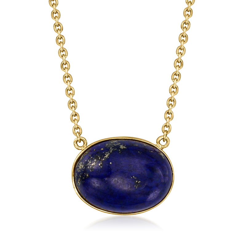 18kt yellow gold lapis necklace with oval blue stone pendant and link chain