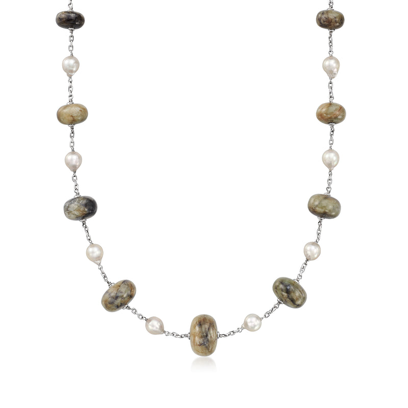 Station necklace with white cultured pearls and green labradorite beads on silver chain