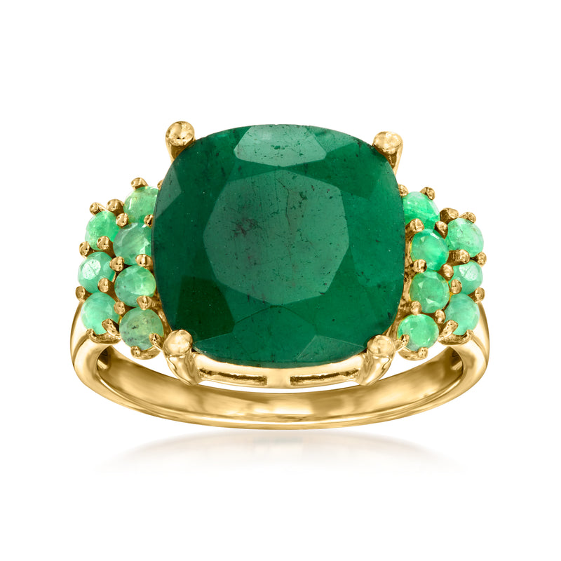 Emerald-green oval gemstone ring in gold with small green stone halo and band