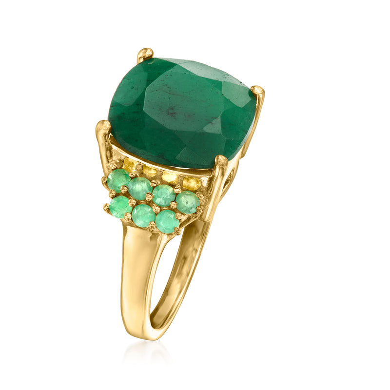 Side view emerald-green oval gemstone ring with gold prongs and green stone accents