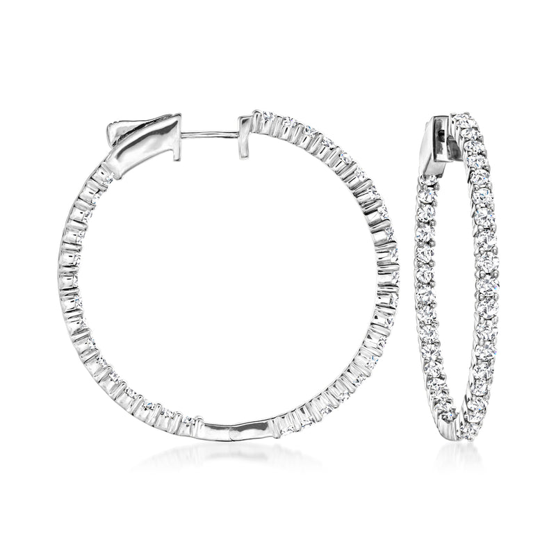 Sterling silver inside-out diamond hoop earrings with hinged clasp, round hoop