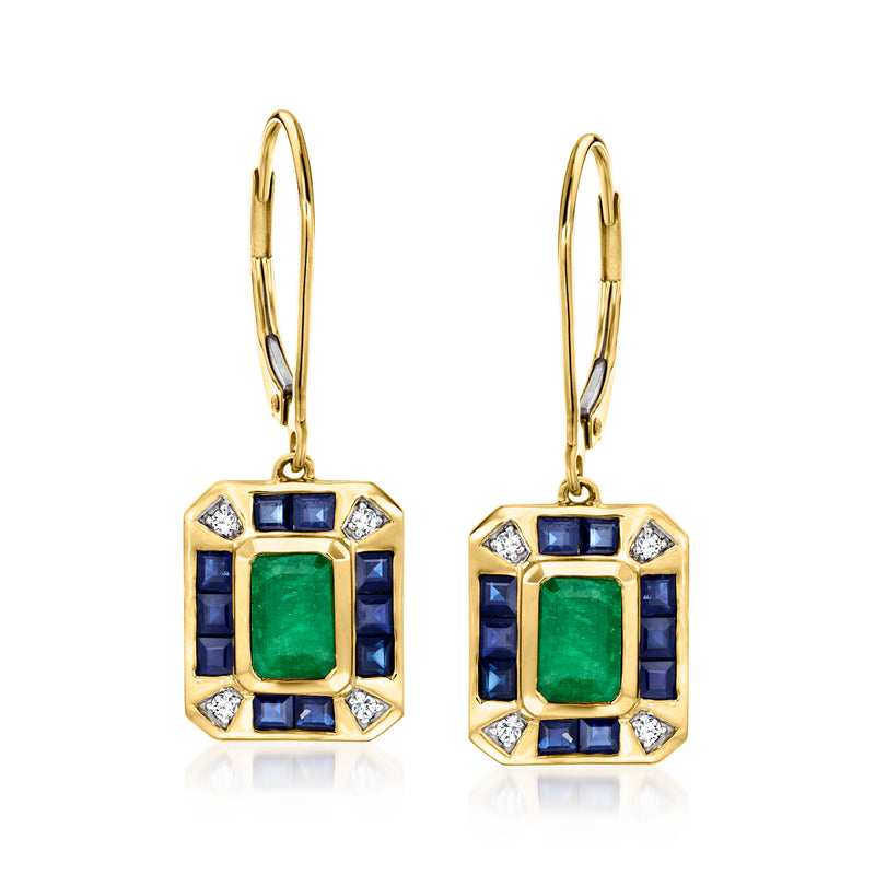 14kt yellow gold drop earrings with green emerald center, sapphire and diamond accents