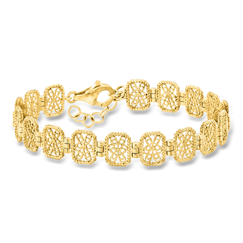 Gold over sterling filigree bracelet with oval patterned links and toggle clasp