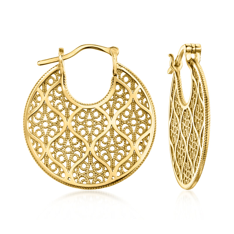 Gold-tone filigree hoop earrings with intricate circular lattice design