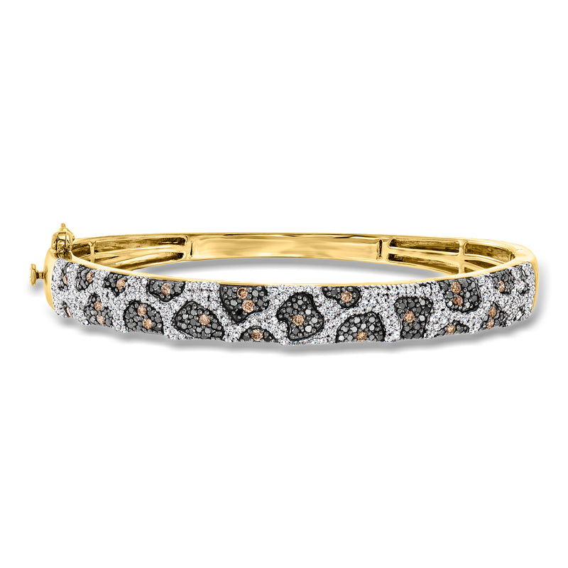Gold over sterling bangle with black, white & brown diamond leopard pattern