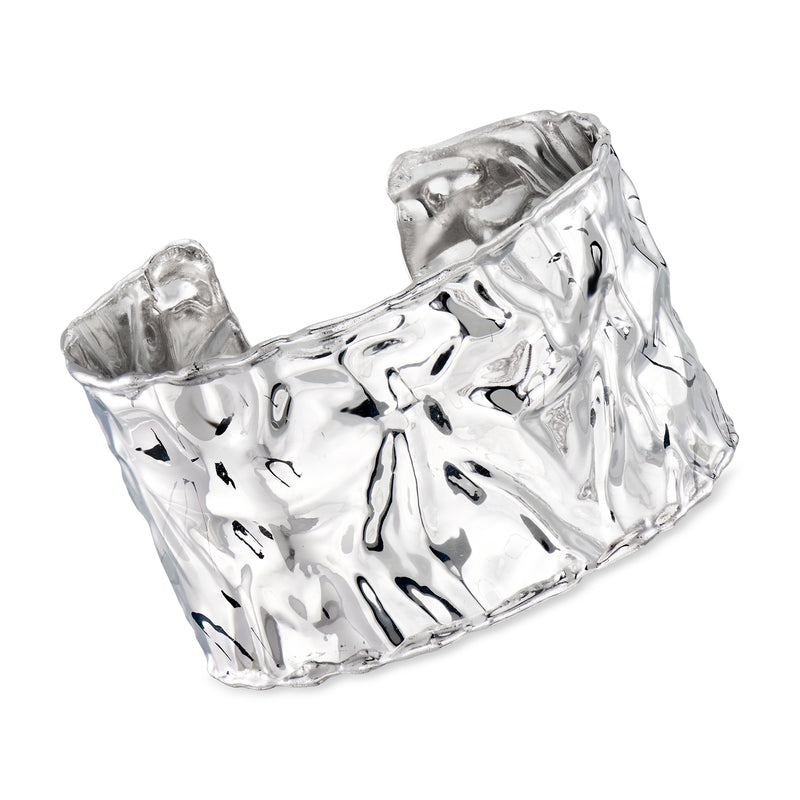 Italian sterling silver rippled cuff bracelet with polished reflective finish