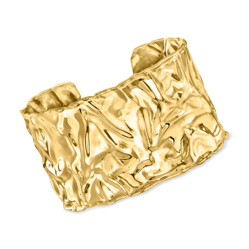 Gold ripple-textured cuff bracelet with wide hammered design