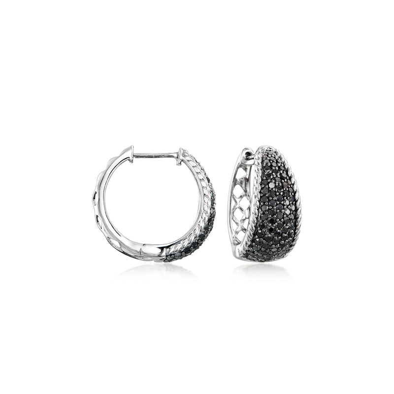Sterling silver pavé black diamond hoop earrings