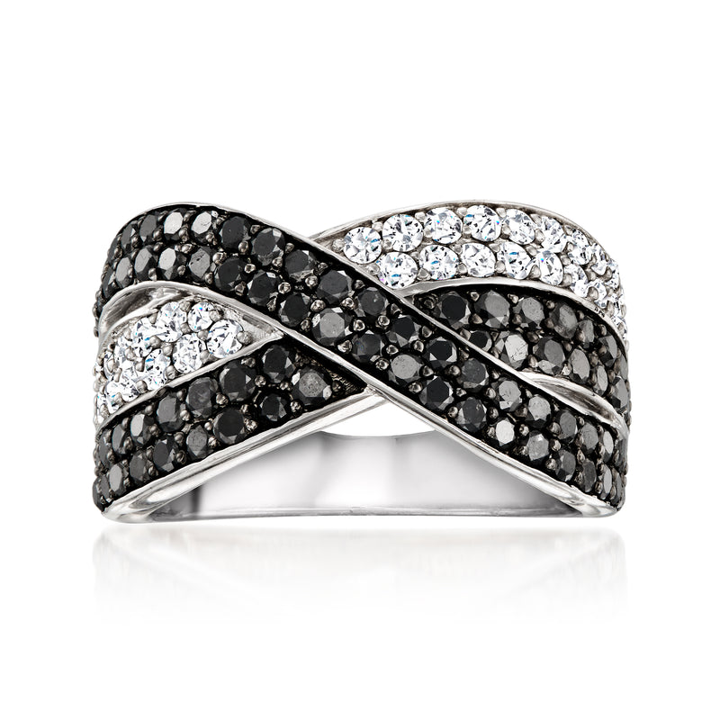 Sterling silver crisscross ring with black and white diamonds