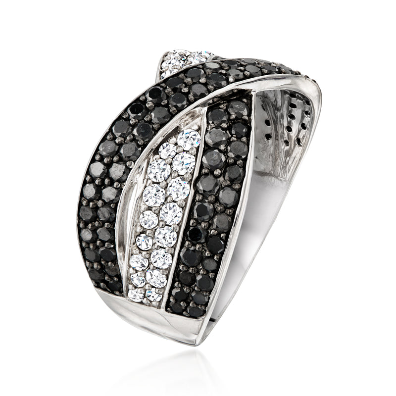 Crisscross sterling silver ring with black and white diamonds