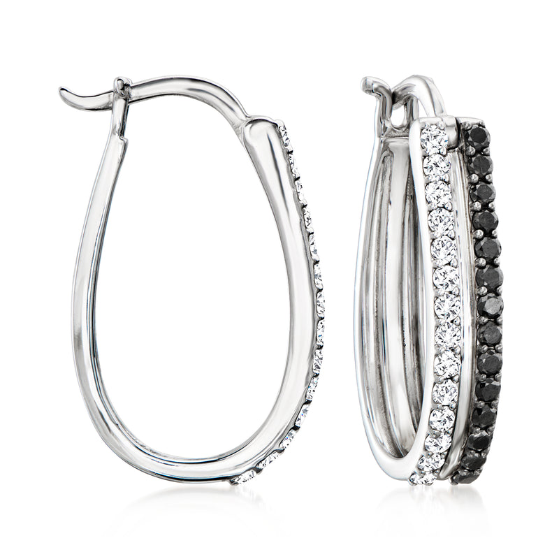 Sterling silver diamond hoop earrings with clear and black stone accents