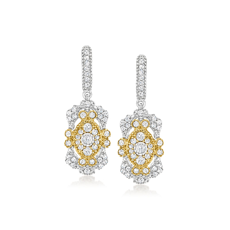 Vintage-style diamond drop earrings with floral cluster and yellow-gold center in sterling silver