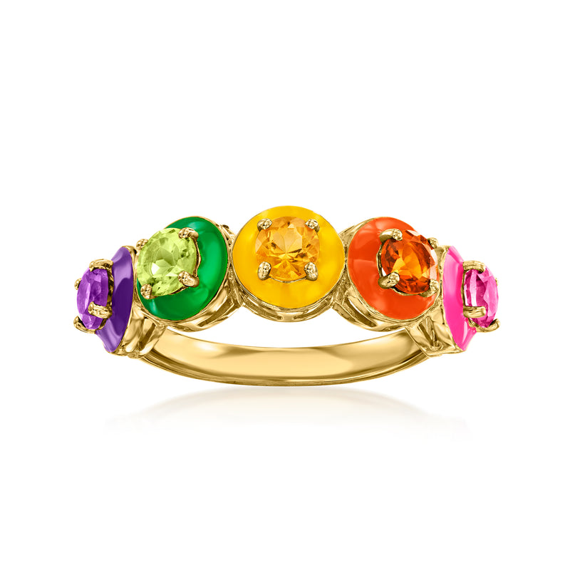 Gold-tone multi-gemstone and enamel ring with round yellow center and colored side stones