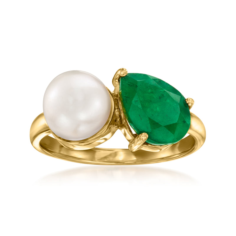 18kt gold Toi et Moi ring with white pearl and green emerald, raised prong settings