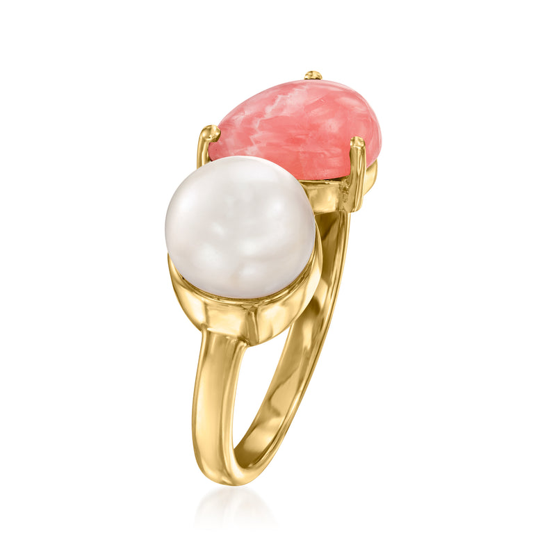 Gold-tone toi et moi ring with pink teardrop stone and white cultured pearl