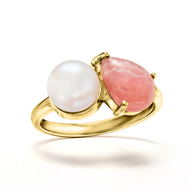 Gold-tone toi et moi ring showing white pearl and pink pear-shaped stone