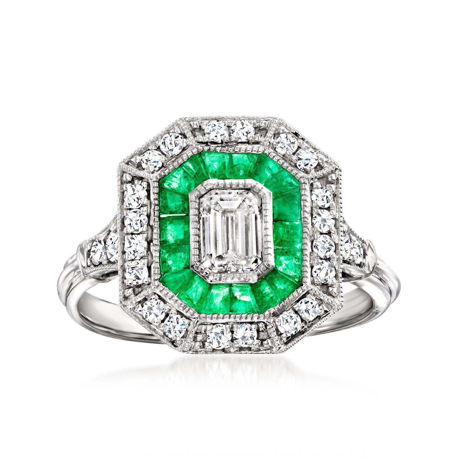 C. 1990 Vintage .68 ct. t.w. Diamond and .52 ct. t.w. Emerald Ring in 14kt White Gold