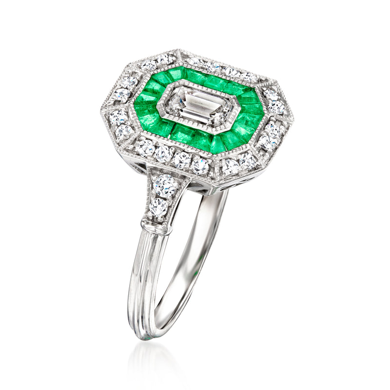 Vintage white gold ring with emerald center in hexagonal diamond halo, size 7