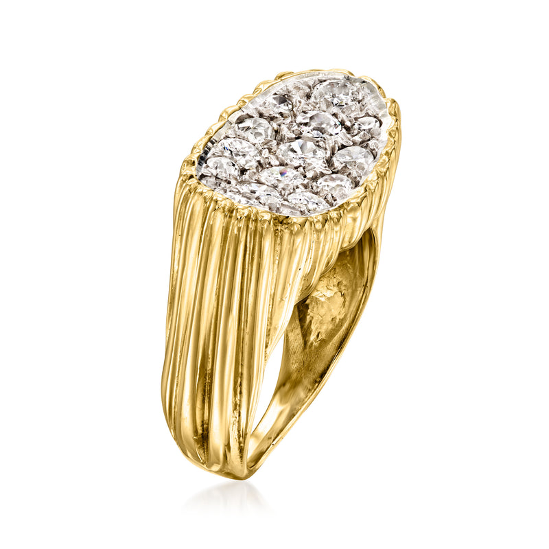 14kt yellow gold diamond cluster ring with oval face and fluted shoulders, size 8
