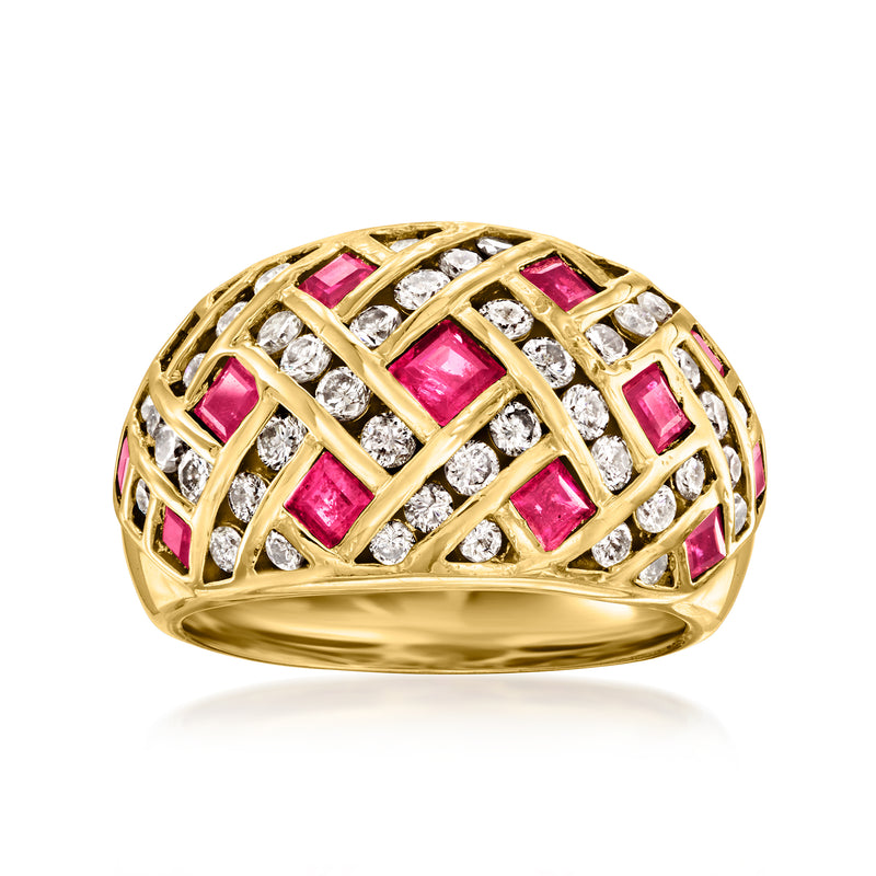 18k yellow gold basketweave ring with pink ruby square settings and white diamond rows