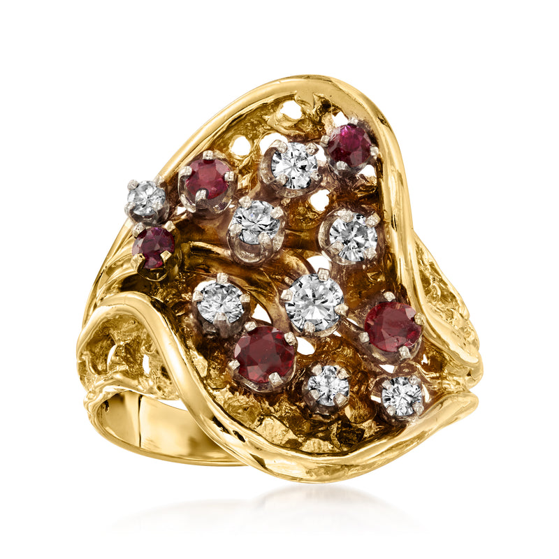 Vintage yellow gold swirl ring with ruby and diamond clusters
