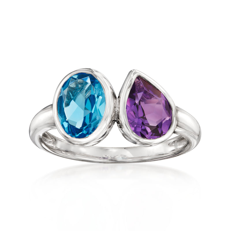 Sterling silver toi et moi ring with oval Swiss blue topaz and oval amethyst
