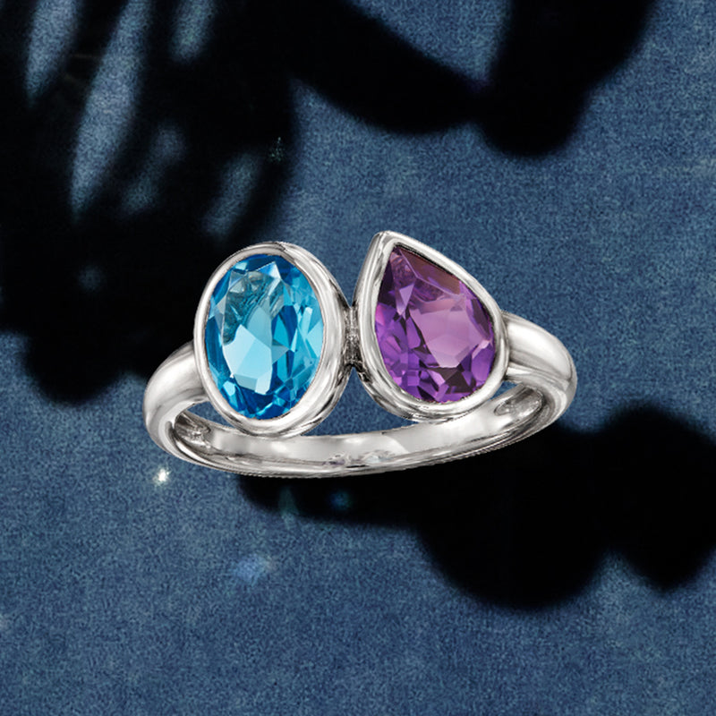Sterling silver split-prong toi et moi ring with oval blue topaz and oval amethyst