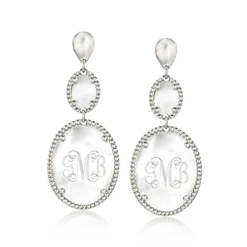 Sterling silver oval disc drop earrings with faceted border and engraved initials