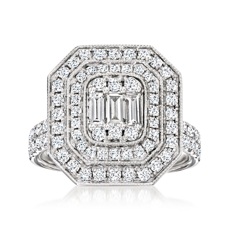 Vintage diamond cluster ring in white gold with octagonal halo and baguette center