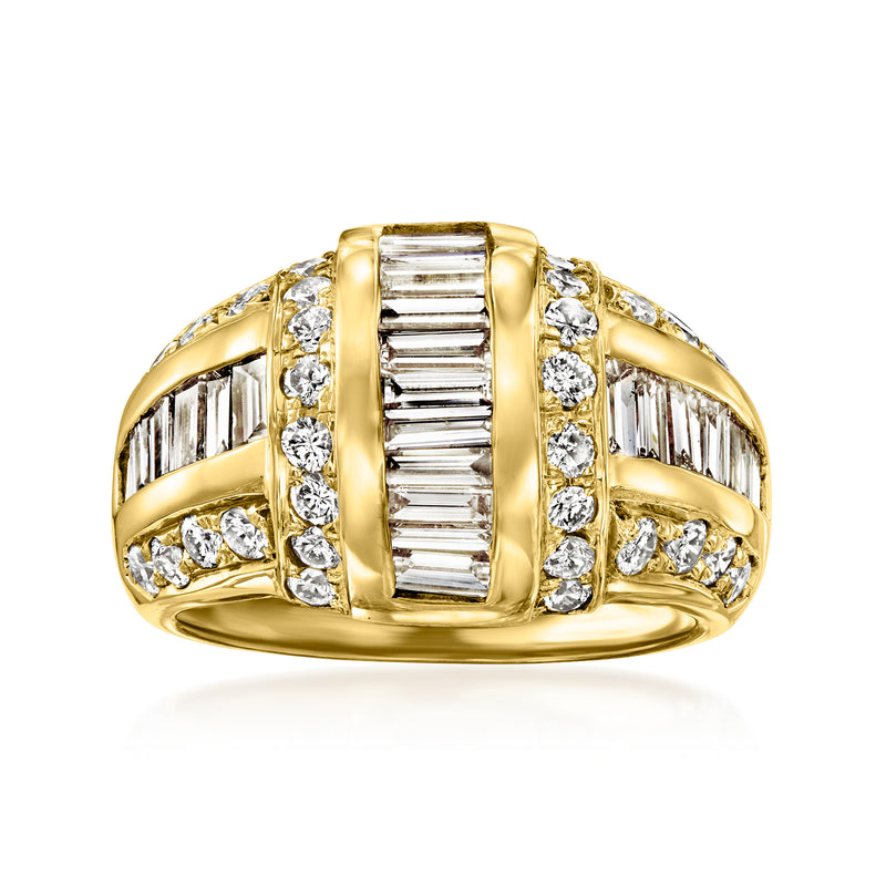 Vintage yellow gold diamond ring with baguette-cut center and side diamonds
