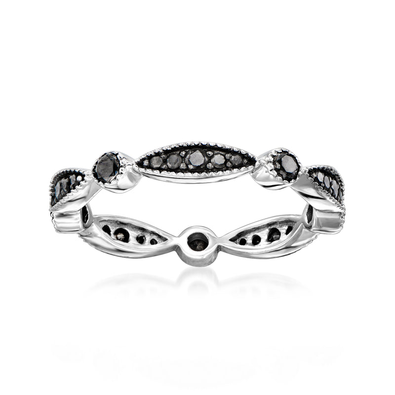 Sterling silver diamond ring with dark round black stones and oval center accent