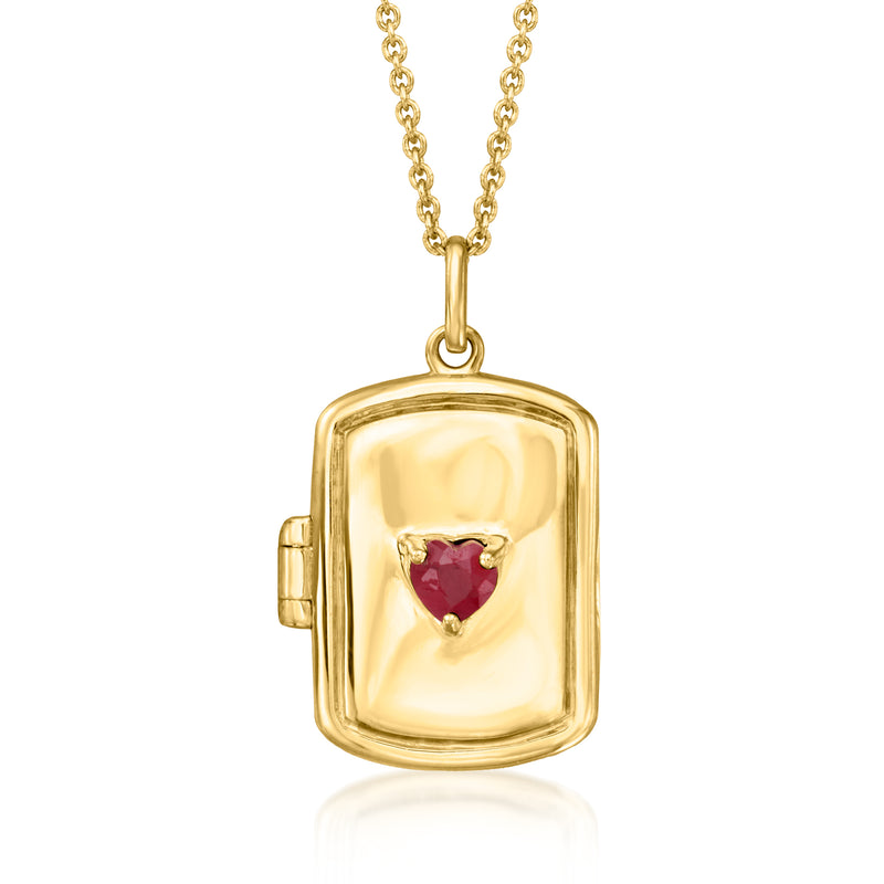 18kt gold over sterling locket necklace with ruby heart in open rectangular pendant