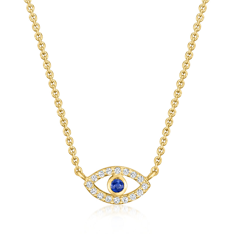 Gold-tone evil eye necklace with oval pendant, blue sapphire center and clear stones