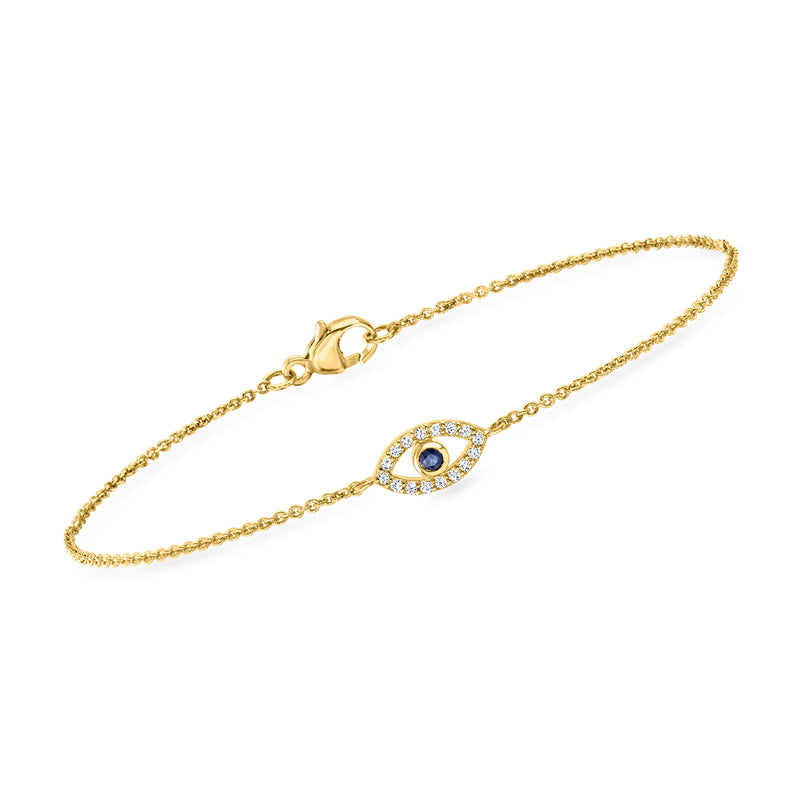 18kt gold over sterling evil eye bracelet with blue sapphire-like center stone, chain link.