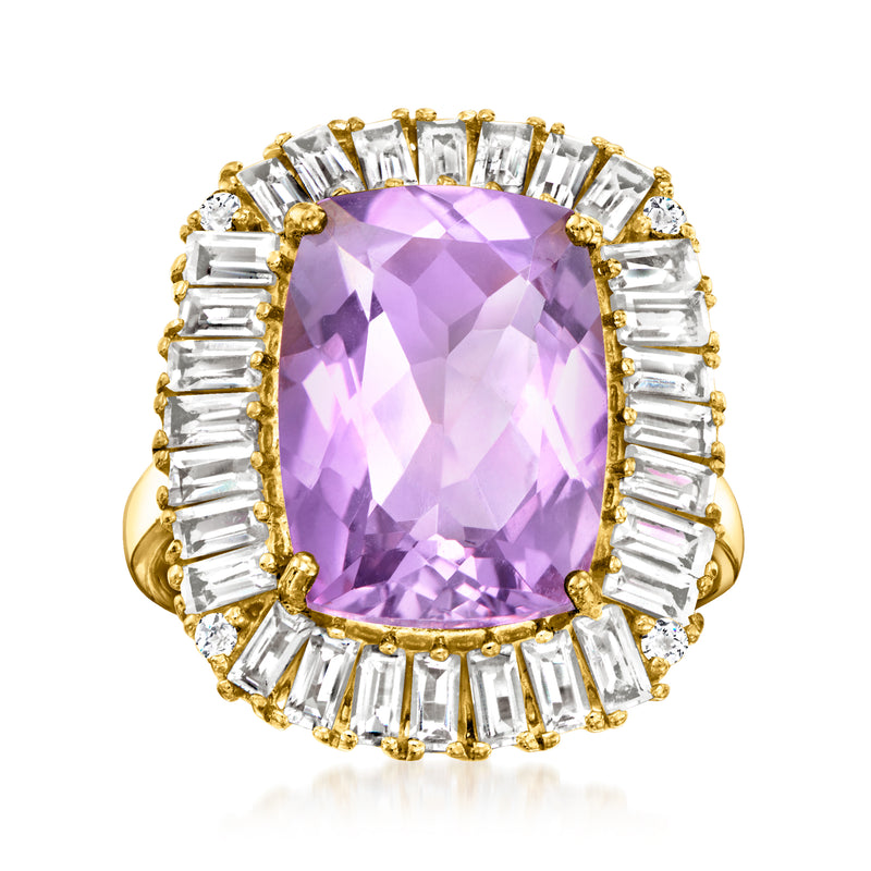 Amethyst gemstone ring with rectangular clear stone halo in gold-tone setting