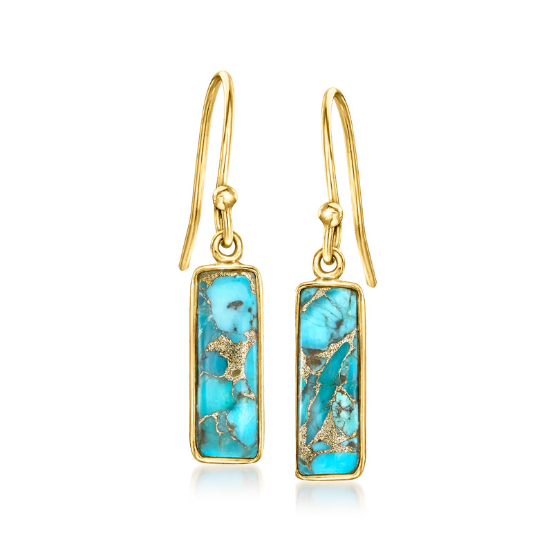 Gold drop earrings with rectangular turquoise stone panels and earwire hooks