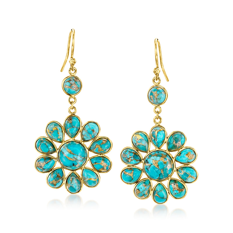 Gold drop earrings with turquoise flower charms and scalloped petals, fishhook backs