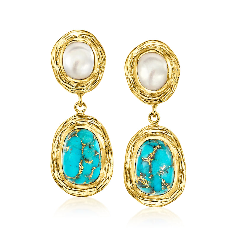 Gold-tone drop earrings with white pearl tops and turquoise oval dangles