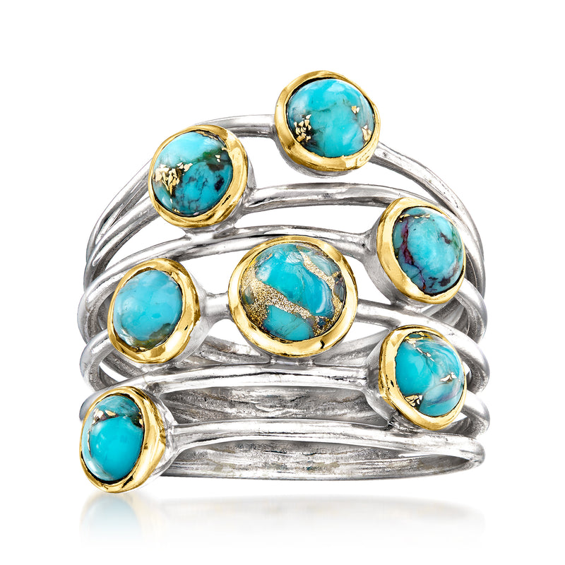 Turquoise highway ring with oval turquoise stones in sterling silver and 18kt gold bezels