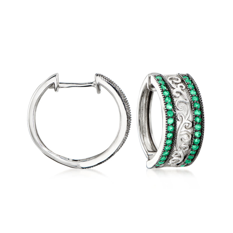 Sterling silver hoop earrings with emerald green stone accents and milgrain edge