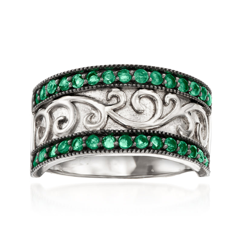 Sterling silver emerald green milgrain ring with two rows of round stones